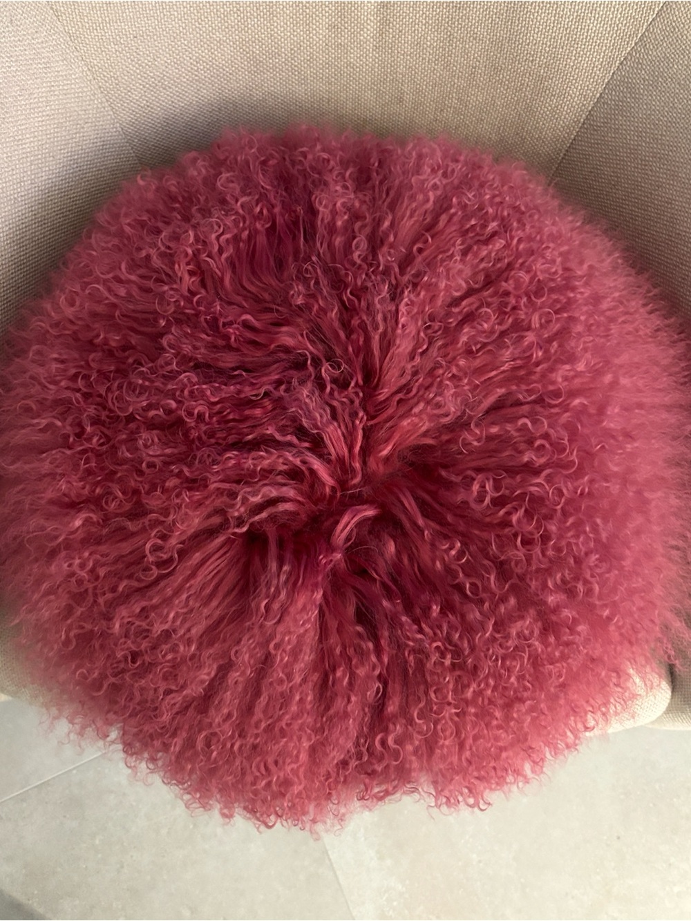 Z Gallerie Mongolian Sheepskin Fur 18” Round Pillow Fuchsia Pink Discontinued
